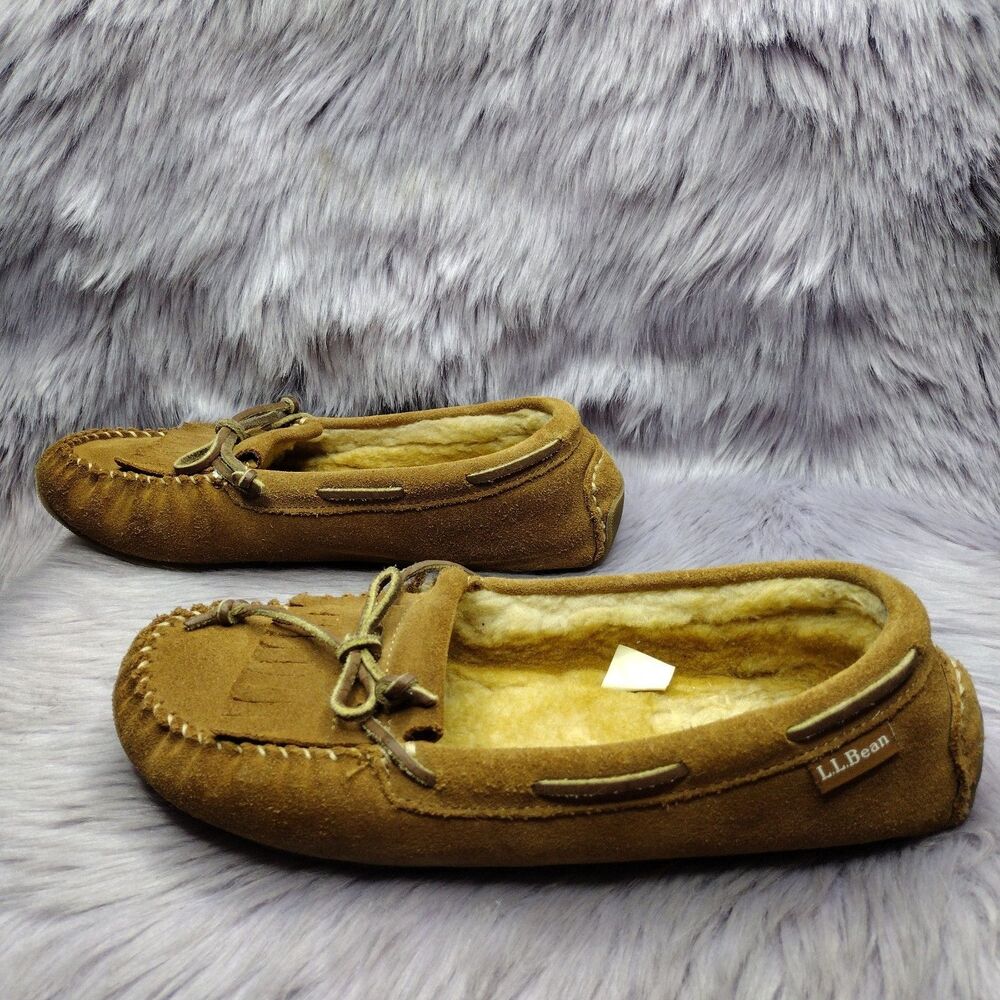 LL Bean Tan Suede Shearling Lined Moccasin Slippers Womens Size 8 293108 #1 - Picture 2 of 6